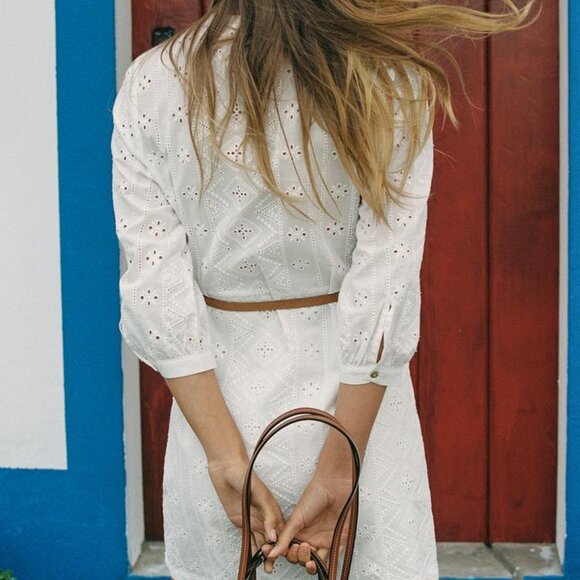 Zara White Eyelet Mini Dress Belted, Embroidered, Organic Cotton, Size Large NWT - Picture 4 of 13